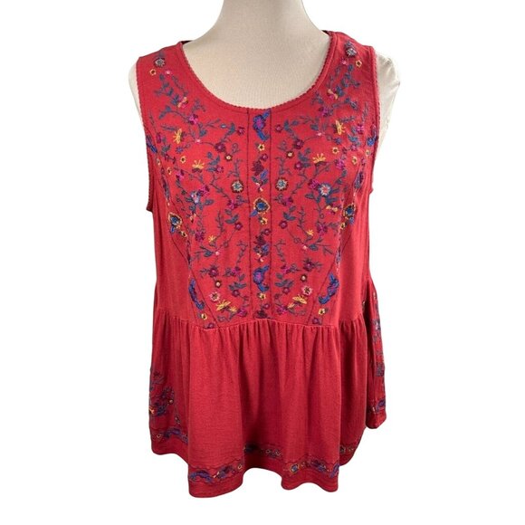 Umgee Red Sleeveless Embroidered Boho Tank Top With Floral Detailing Womens - Picture 2 of 12